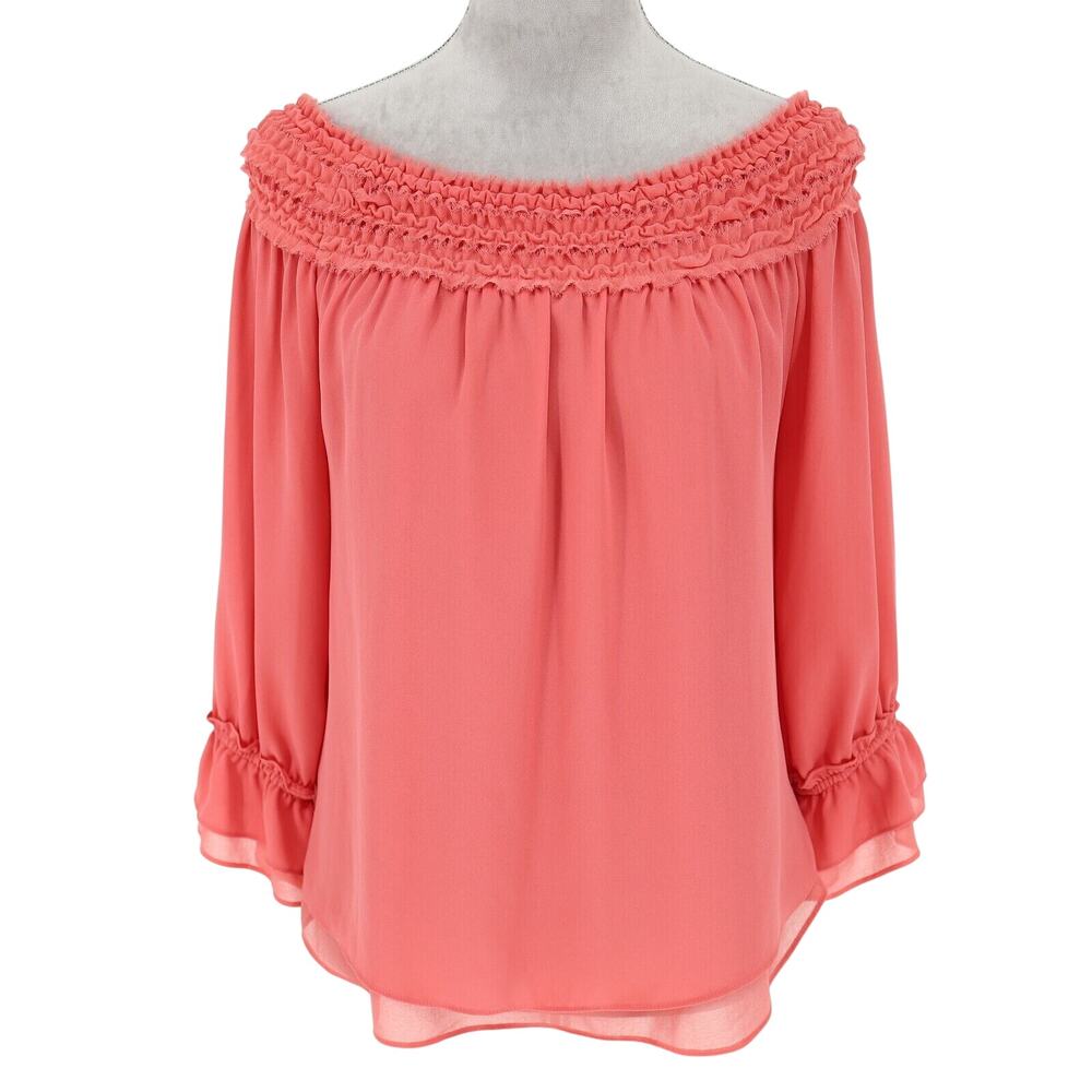 WHBM Top Womens Medium Salmon Pink Blouse Off Shoulder Stretch Smocked Chiffon